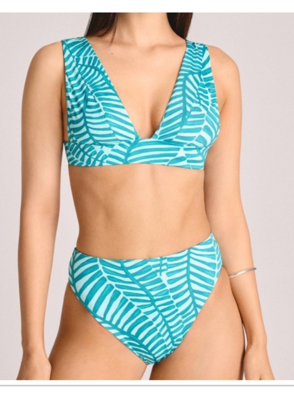 Women's Vitamin A Longline Teal Leaf Print Bikini Top